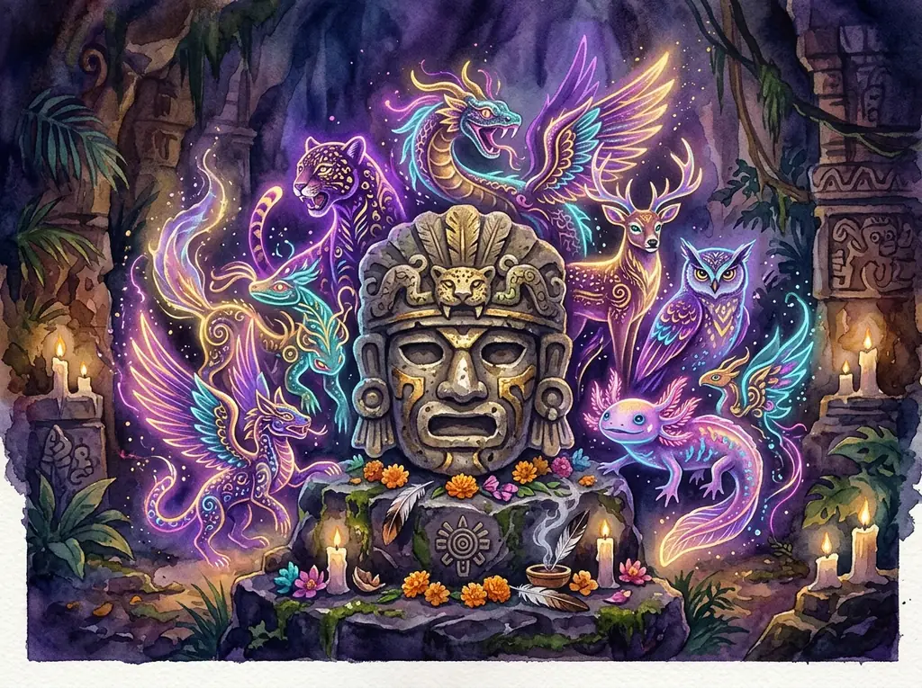 Glowing floating ancestral mask in the spirit realm